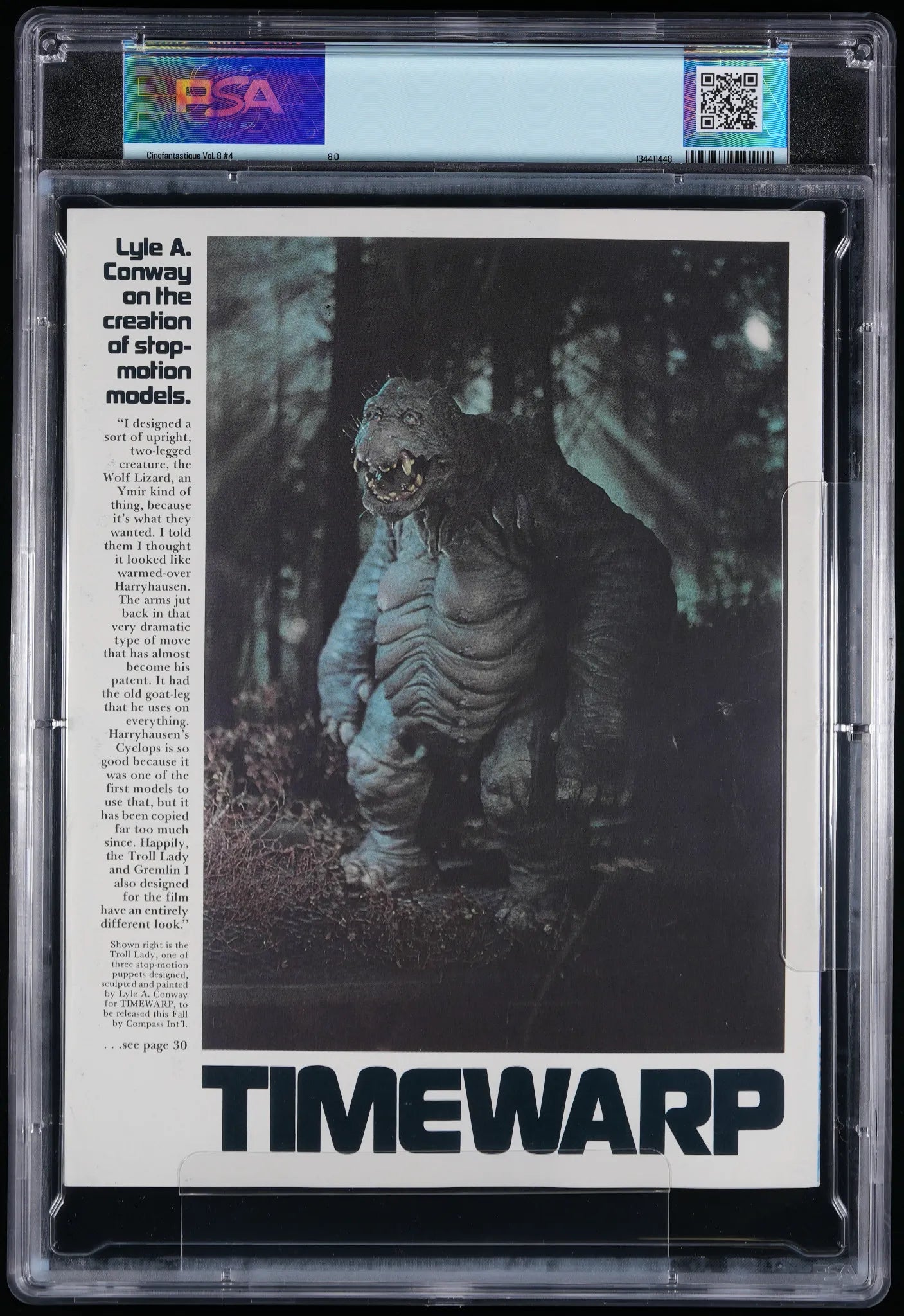 Back of 1979 Cinefantastique Volume 8 Number 4 graded PSA 8.0, showing Timewarp stop-motion feature imagery encapsulated in a PSA holder.