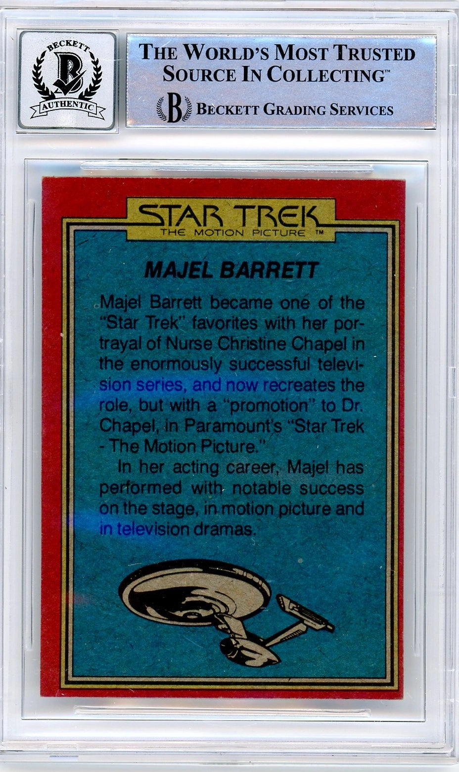 Back of 1979 Topps Star Trek The Motion Picture trading card #63 showing character bio for Majel Barrett (Dr. Chapel), encapsulated by Beckett.
