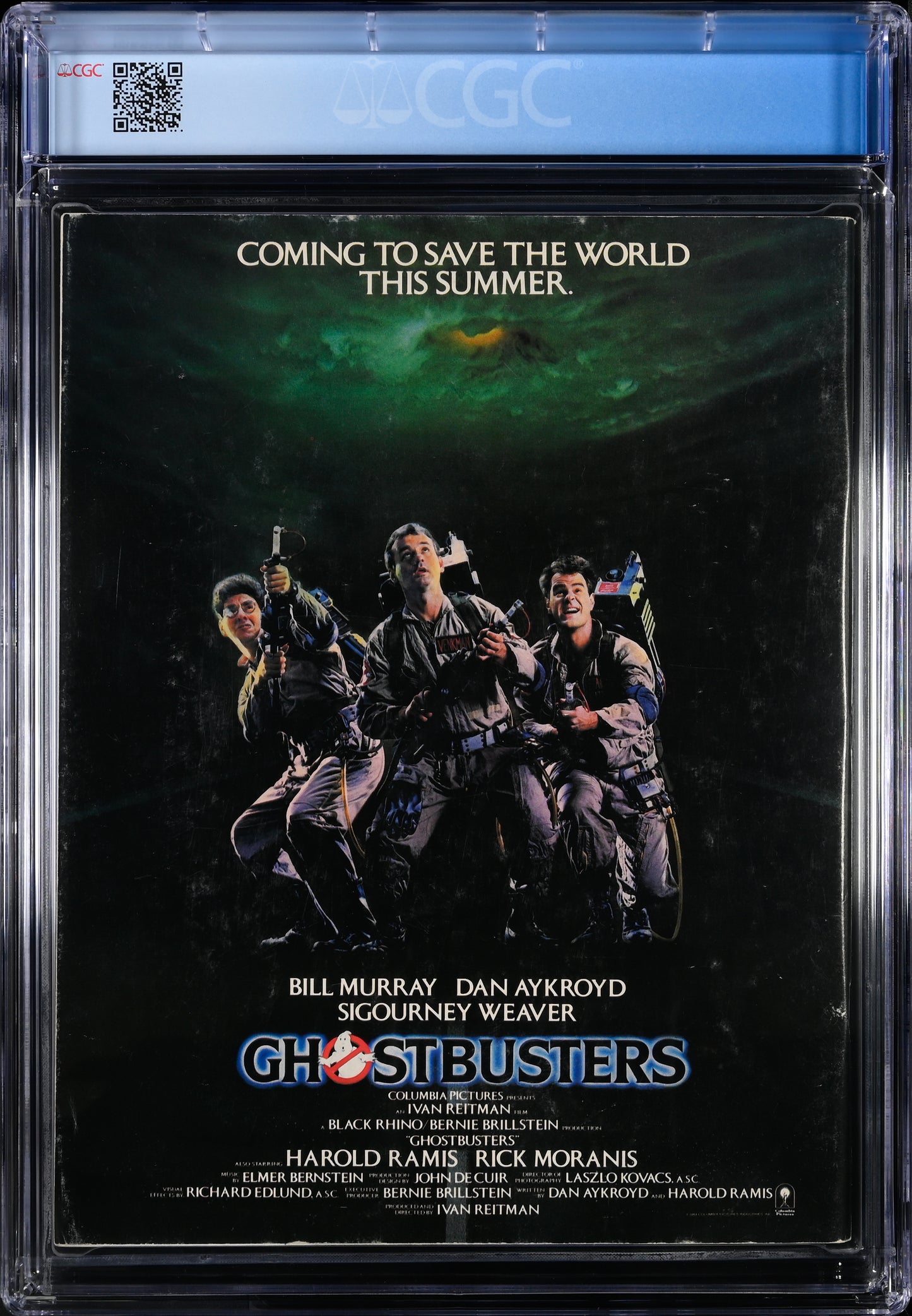 Back cover of the September 1984 Cinefantastique magazine featuring a Ghostbusters movie poster with Bill Murray, Dan Aykroyd, and Sigourney Weaver, CGC graded.