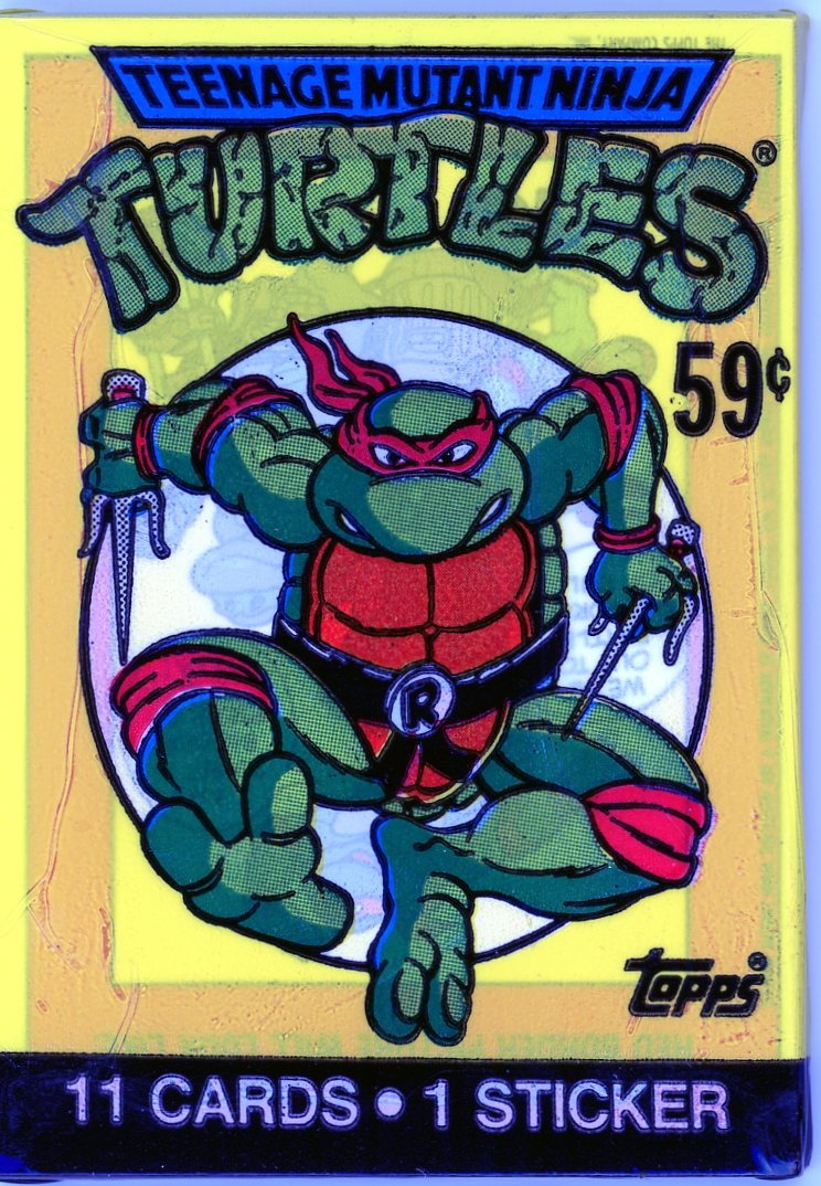 Vintage 1989 TMNT Topps wax pack with Raphael featured on the yellow front cover. Includes 11 cards and 1 sticker. Classic collectible for TMNT fans.