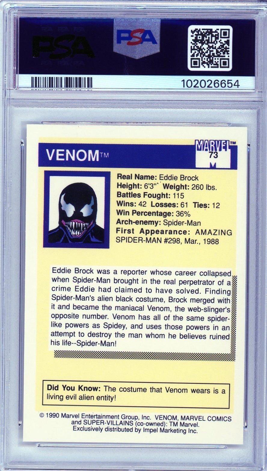 Back of Venom #73 card detailing stats, Eddie Brock’s origin, and first appearance, encapsulated in PSA slab.