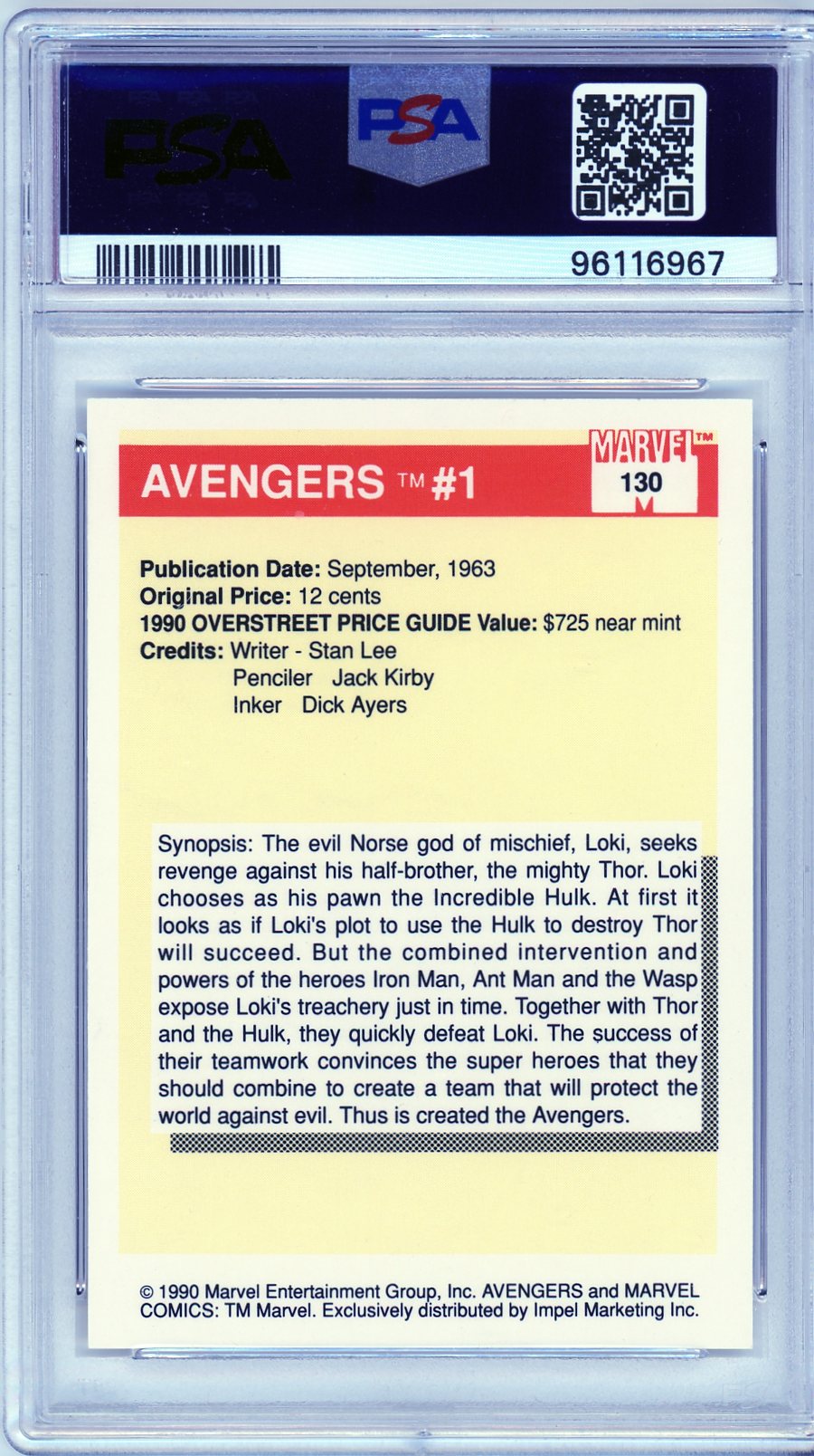 Back of PSA 10 Avengers #1 card detailing 1963 comic origin, creator credits, and synopsis of the team’s formation vs. Loki