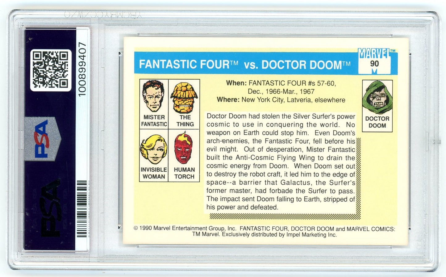 Front of 1990 Marvel Universe trading card graded PSA 9 featuring the Fantastic Four battling Doctor Doom in a classic comic-style illustration from the Famous Battles subset.