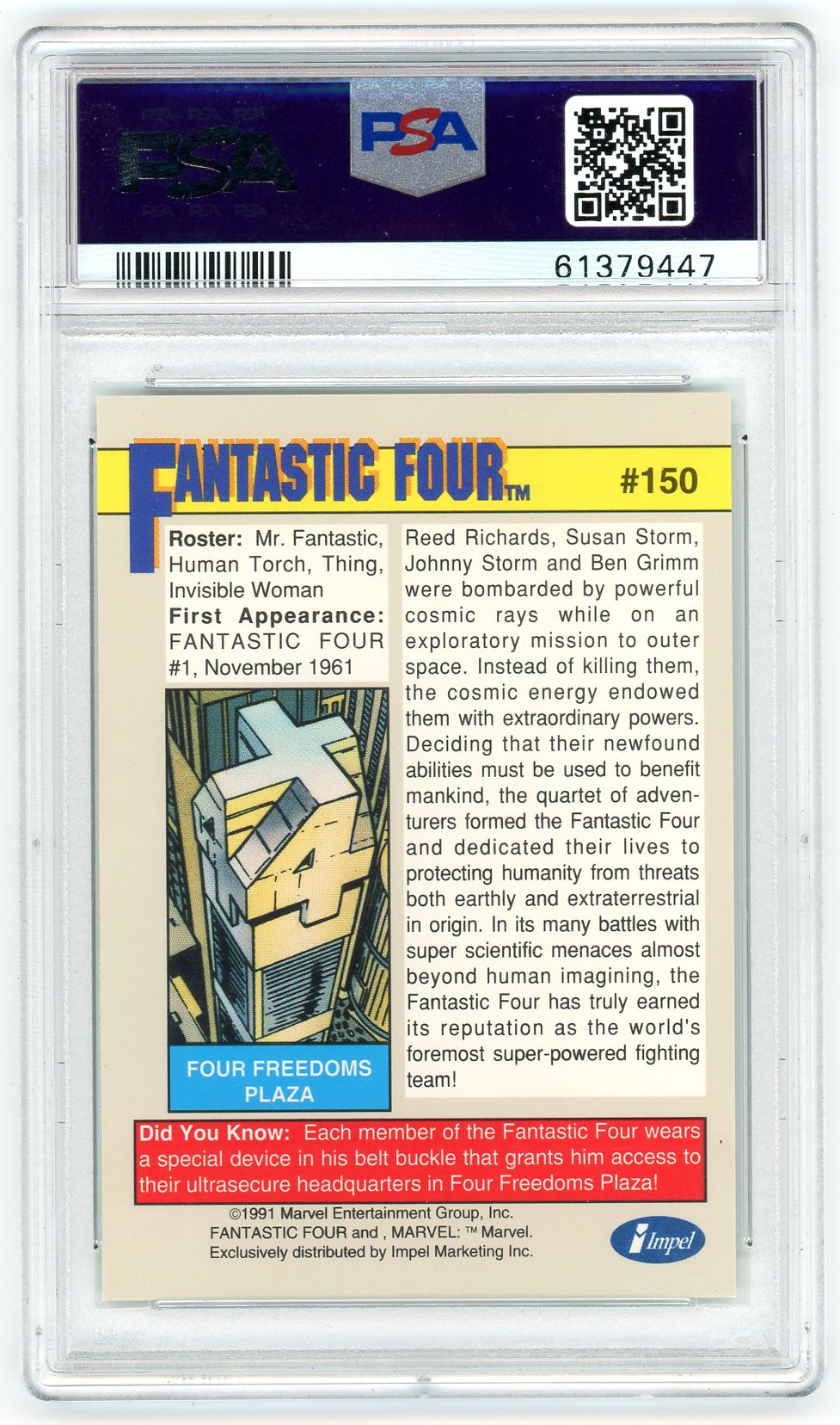 Back of PSA-graded Fantastic Four #150 with origin story and Impel branding