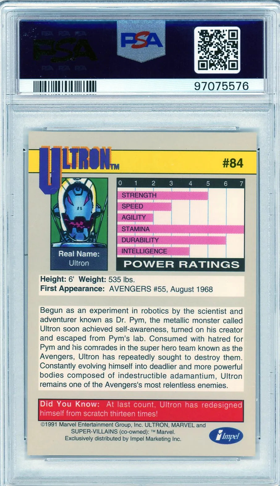 Back of Ultron trading card with origin, stats, and bio from the 1991 Marvel Universe Super-Villains series.