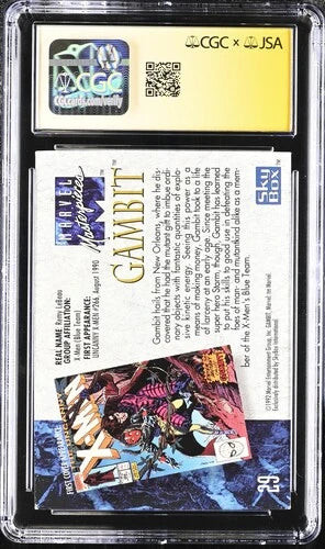 Back view of 1992 Marvel Masterpieces Gambit #29 displayed in a CGC Signature Series holder showing authentication details and card reverse.