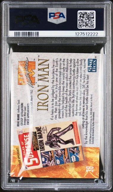 Back of 1992 Marvel Masterpieces Iron Man #38 card showing character biography, statistics, and SkyBox branding in a PSA Gem Mint 10 holder.