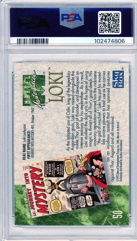 Back of Loki #50 card from 1992 Marvel Masterpieces, showing character biography and homage to Journey Into Mystery #85.