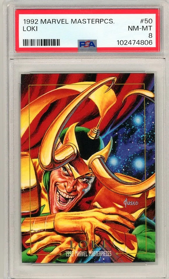 PSA 8 graded front of 1992 Marvel Masterpieces #50 Loki card featuring vivid Joe Jusko artwork of the iconic villain.