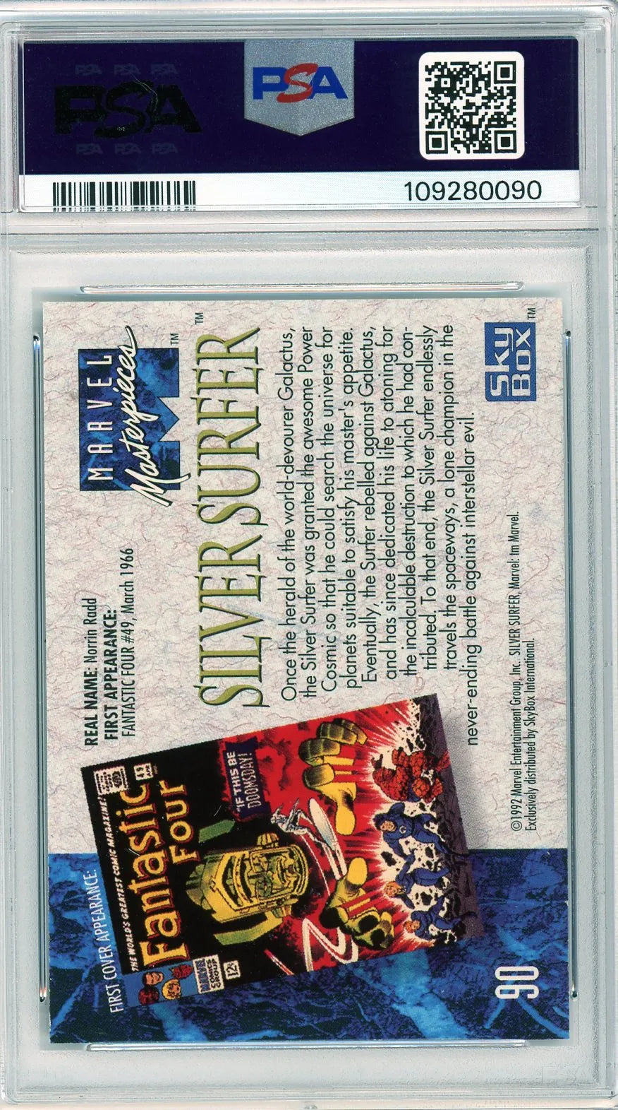Back of 1992 Marvel Masterpieces Silver Surfer #90 with bio, origin details, and Fantastic Four comic cover, in PSA 10 slab.