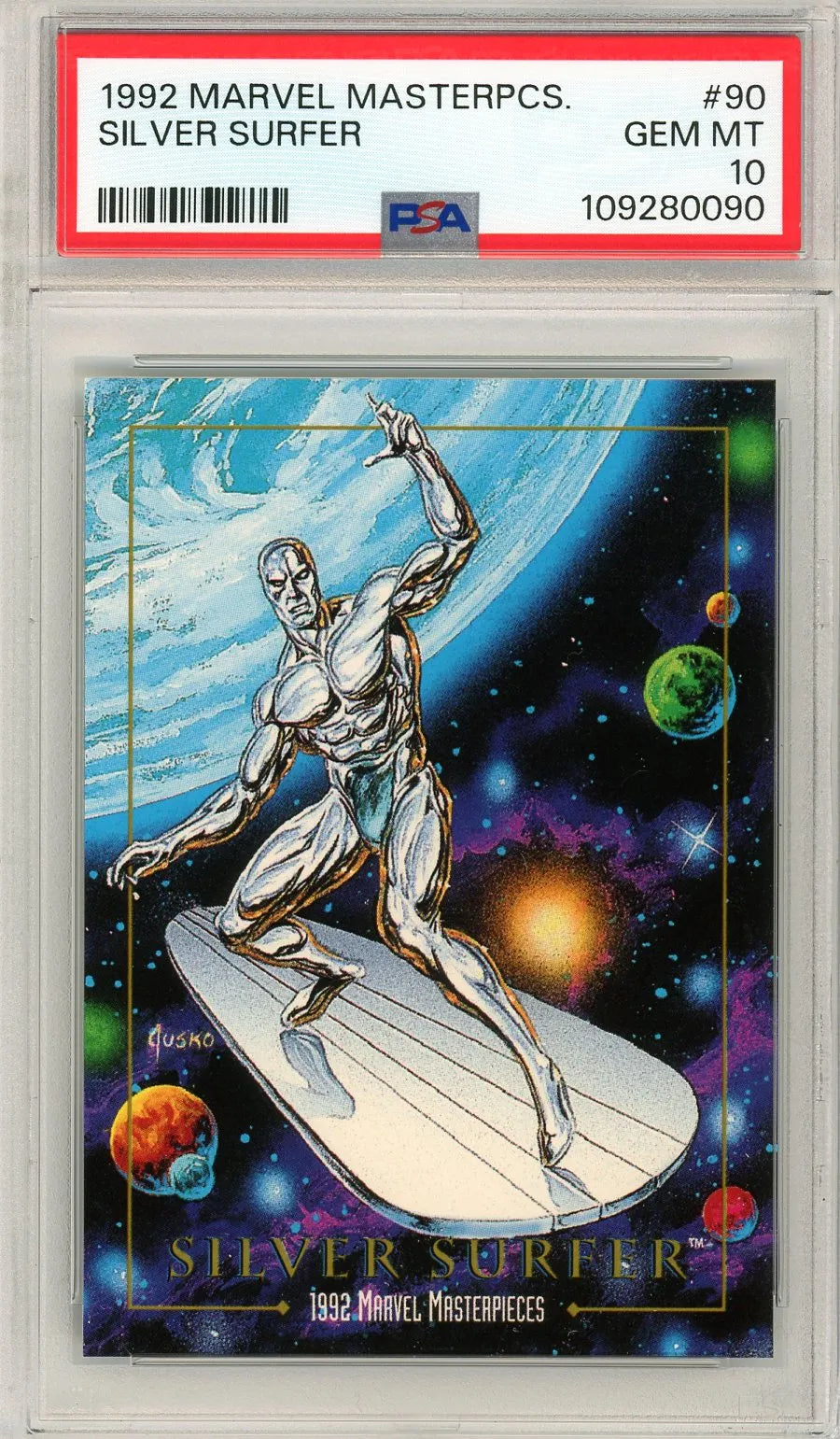 Front of 1992 Marvel Masterpieces Silver Surfer #90 graded PSA 10, showing Silver Surfer in space with vibrant artwork by Joe Jusko.