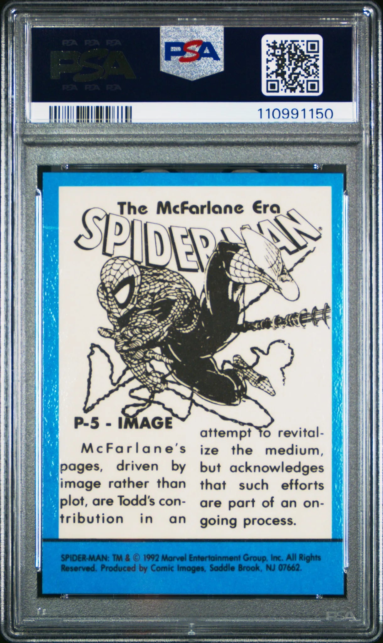 Back of 1992 Spider-Man McFarlane Prism P-5 PSA 6 trading card graded by PSA.