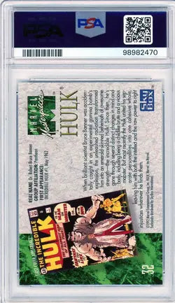 Back image of the 1992 Marvel Masterpieces #32 Hulk card, graded PSA 10, with bio and comic reference.