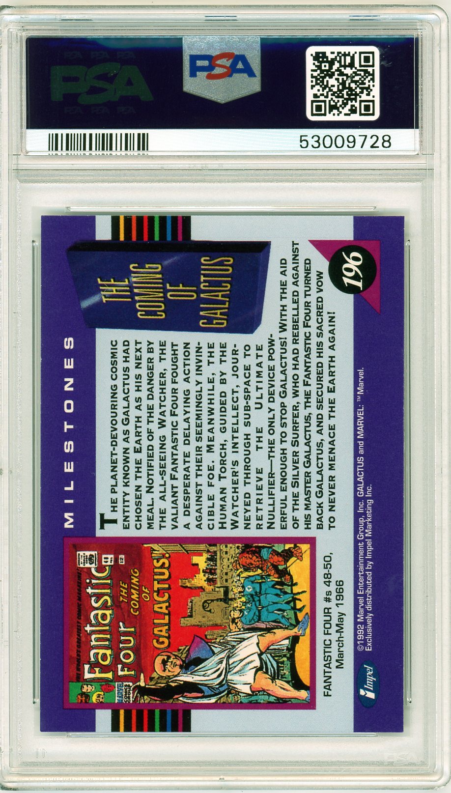 Back of card with comic summary of Galactus storyline from Fantastic Four issues