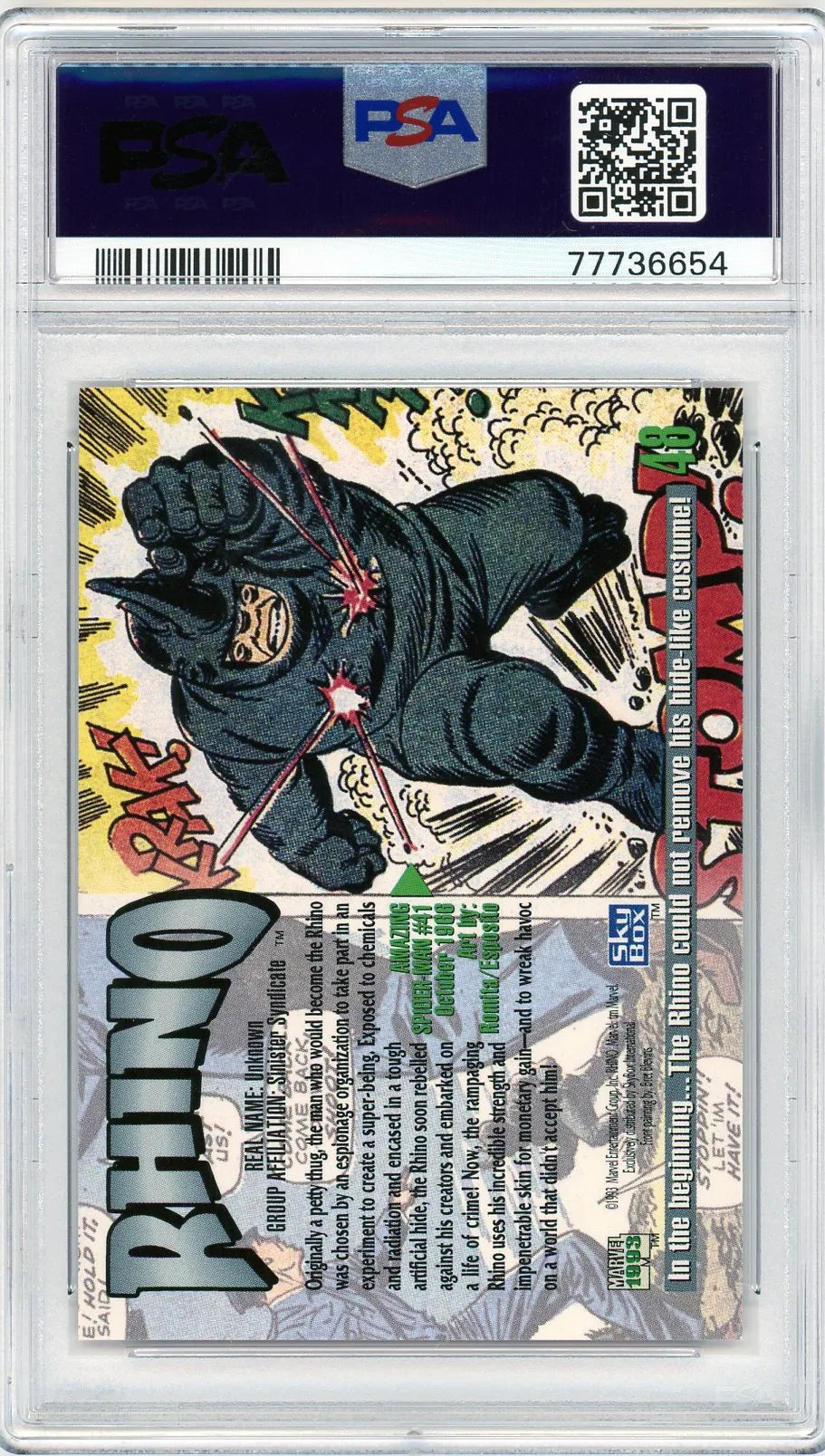 1993 Marvel Masterpieces Rhino #48 PSA 10 Back