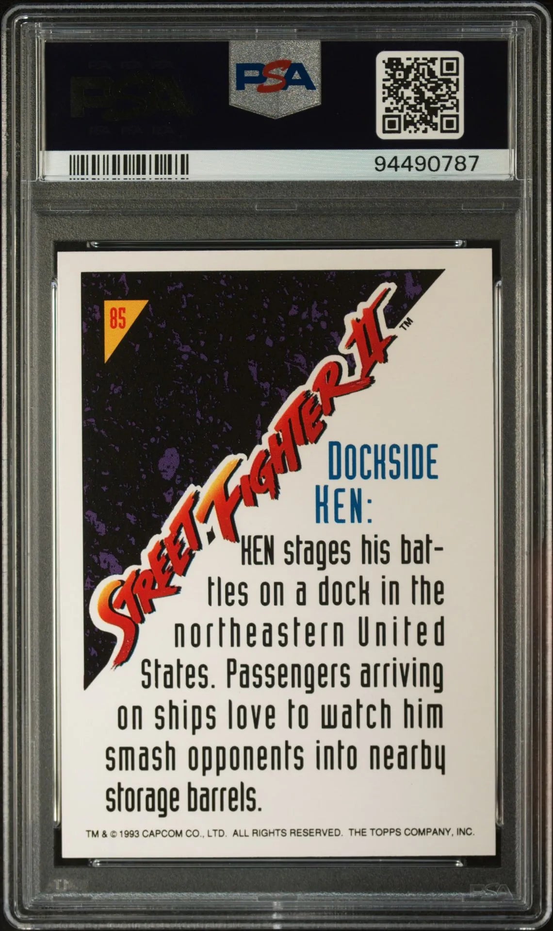 Back view of the 1993 Topps Dockside Ken card (#85), graded PSA 9 Mint, showcasing text about Ken Masters' dockside battles in Street Fighter II.