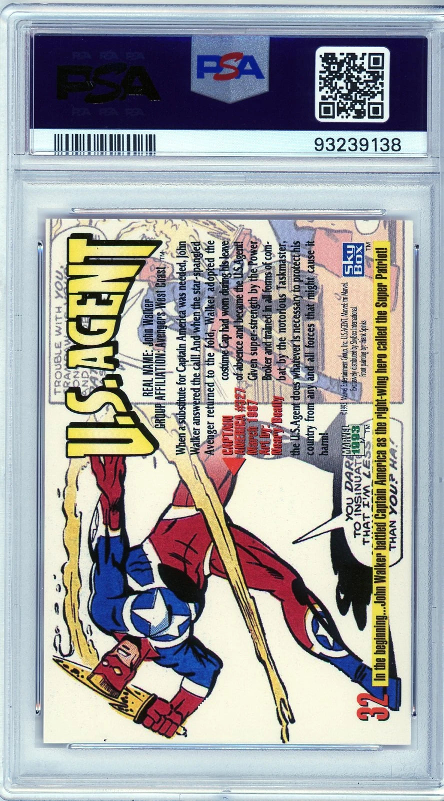 Back of PSA 10 U.S. Agent card showing comic art and backstory in vintage SkyBox style.