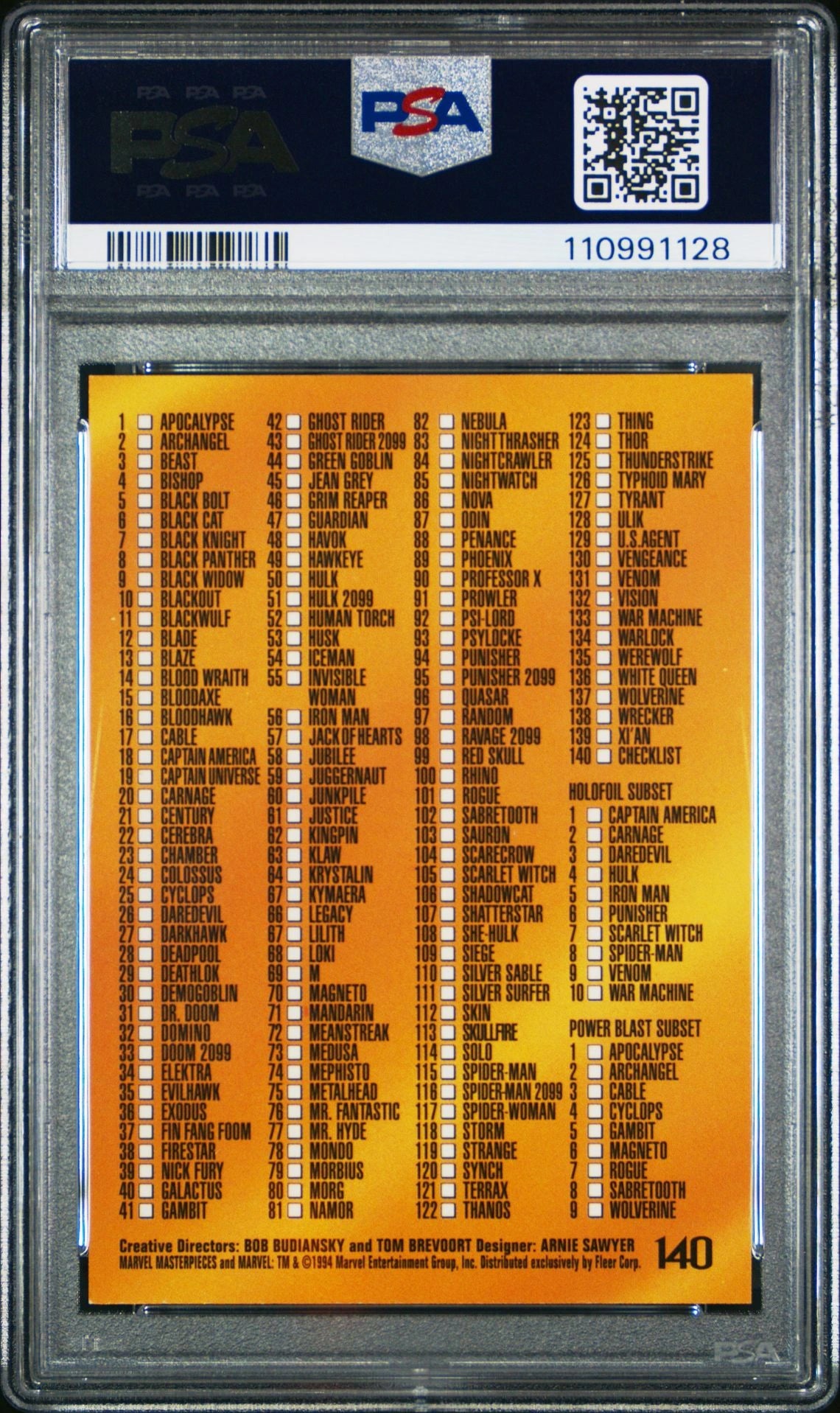 Back of the 1994 Marvel Masterpieces Checklist card listing all characters in the 140-card set, including Spider-Man, Wolverine, and Captain America.
