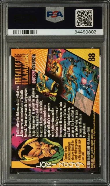 Back view of the 1994 Marvel Universe Loki 2099 card (#88), graded PSA 9 Mint, showcasing character details and storyline text from the Marvel Universe.