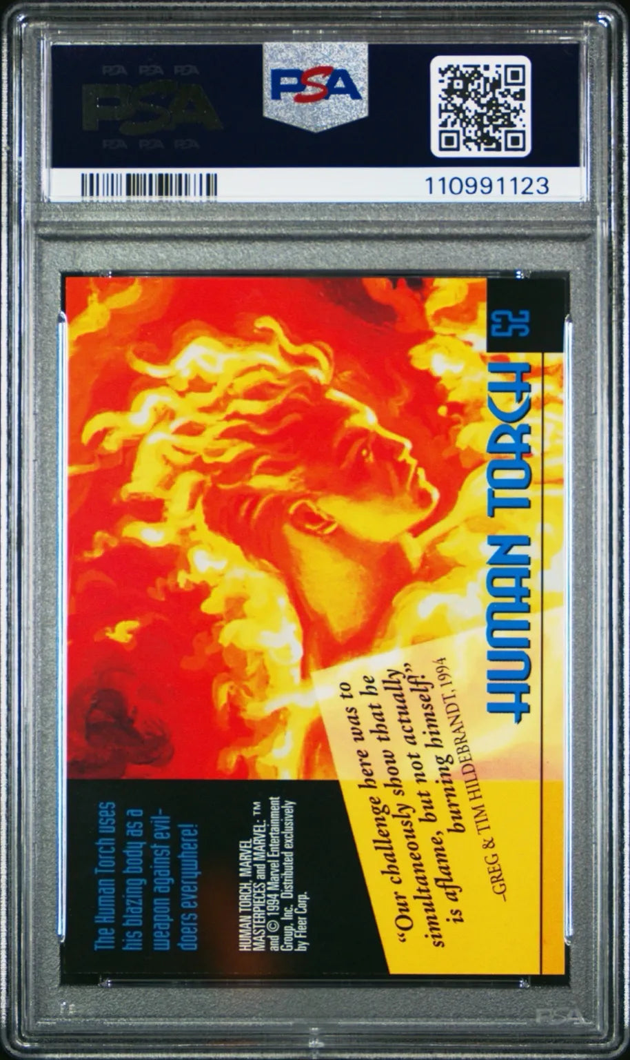back of 1994 Marvel Masterpieces Human Torch card #52 graded PSA 9 Mint, featuring fiery artwork by the Hildebrandt brothers.