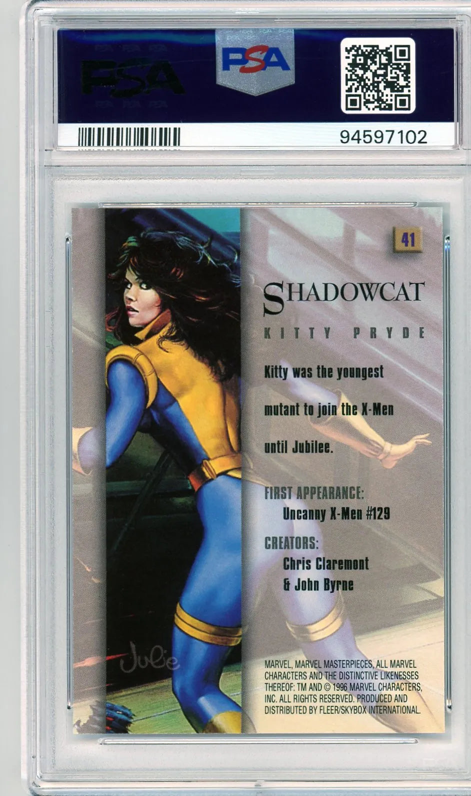 Back of 1996 Marvel Masterpieces Shadowcat trading card graded PSA 9, showing biography, creators, and first appearance details