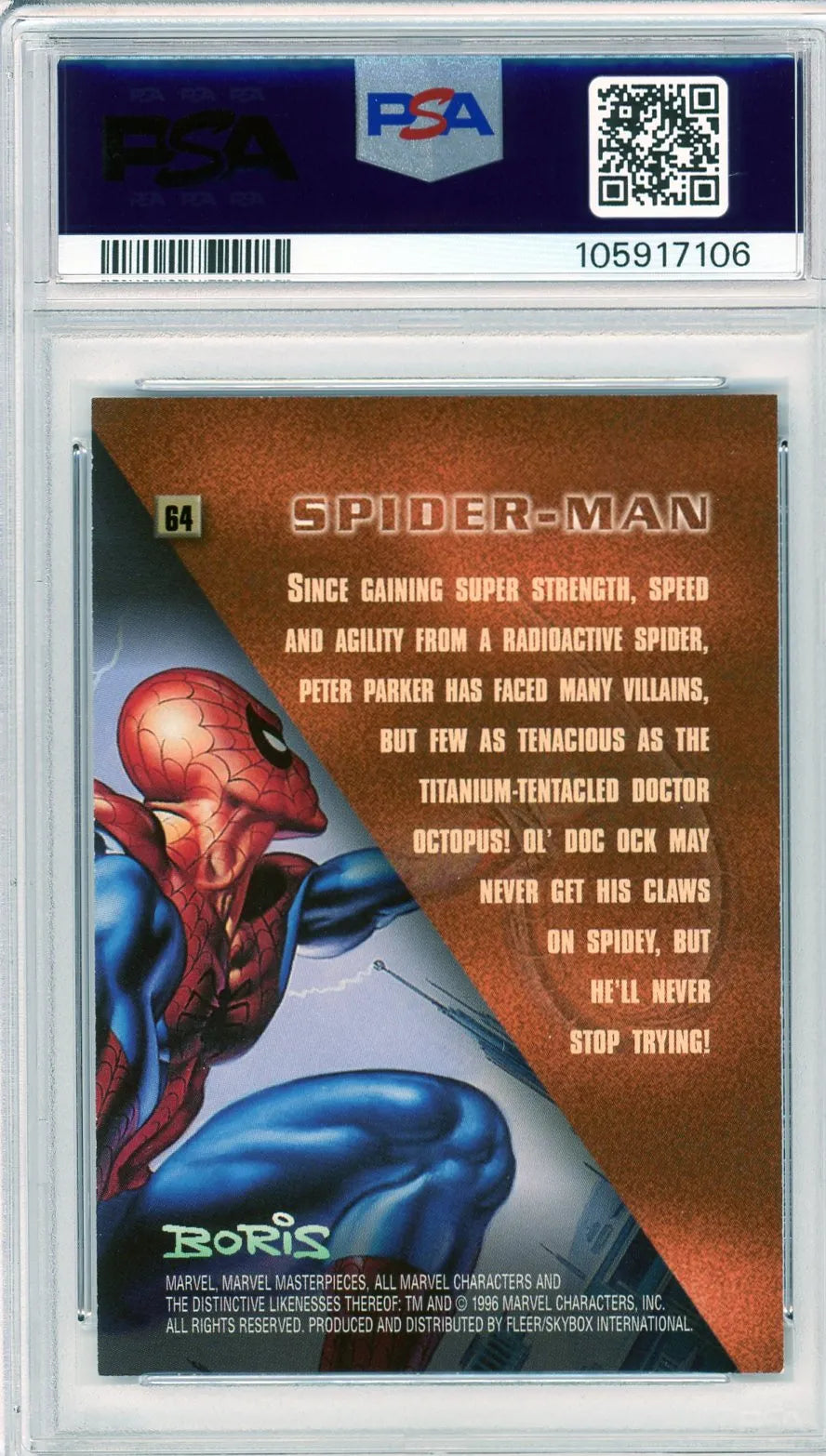 Back of the Spider-Man #64 Duels card with biography text and PSA label visible. Vintage Marvel collectible from 1996.