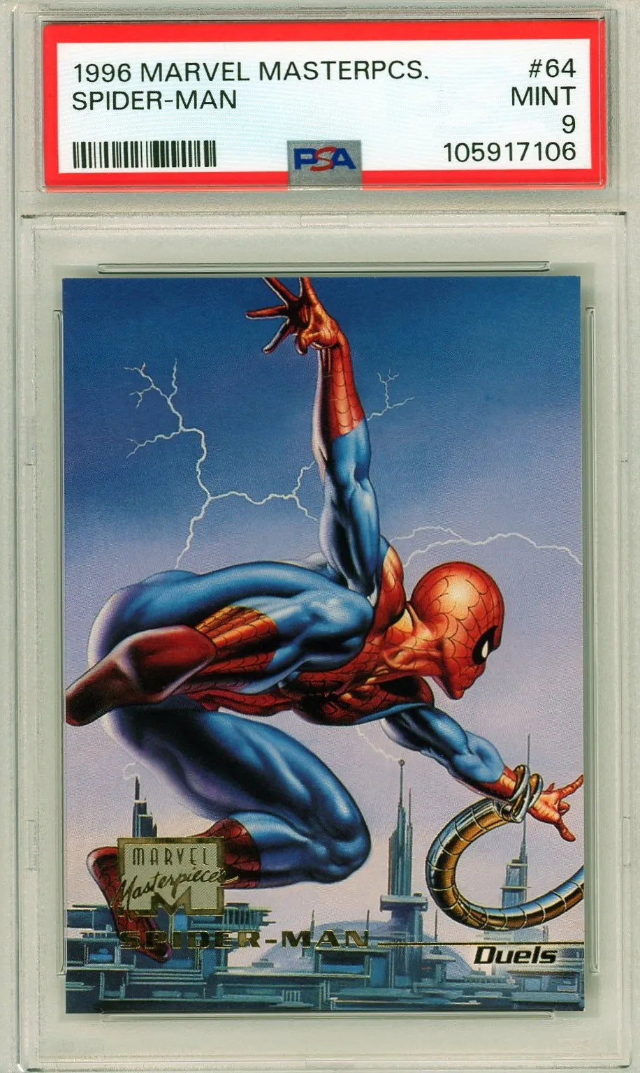 Front image of Spider-Man #64 from 1996 Marvel Masterpieces, PSA 9 graded with lightning-filled background and web-slinging pose.