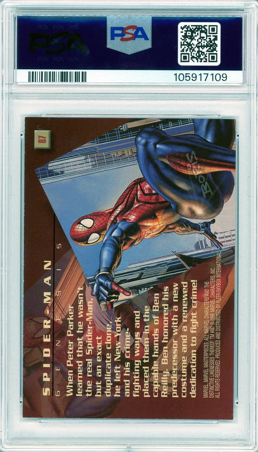 Back of the 1996 Marvel Masterpieces #87 Spider-Man card with detailed Genesis storyline and PSA certification.