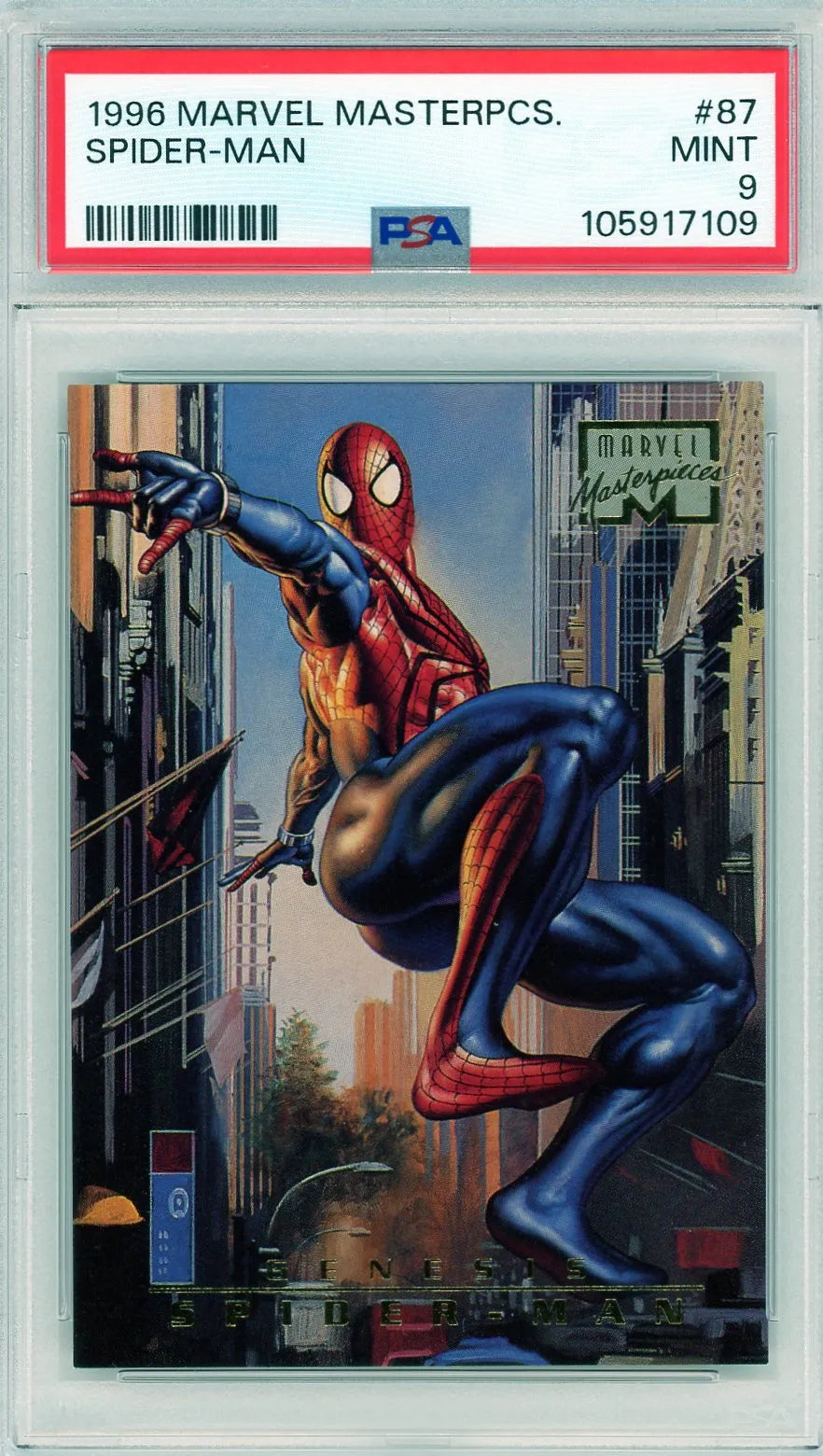 Front of the 1996 Marvel Masterpieces #87 Spider-Man card, graded PSA 9 Mint, showing dynamic Genesis artwork.