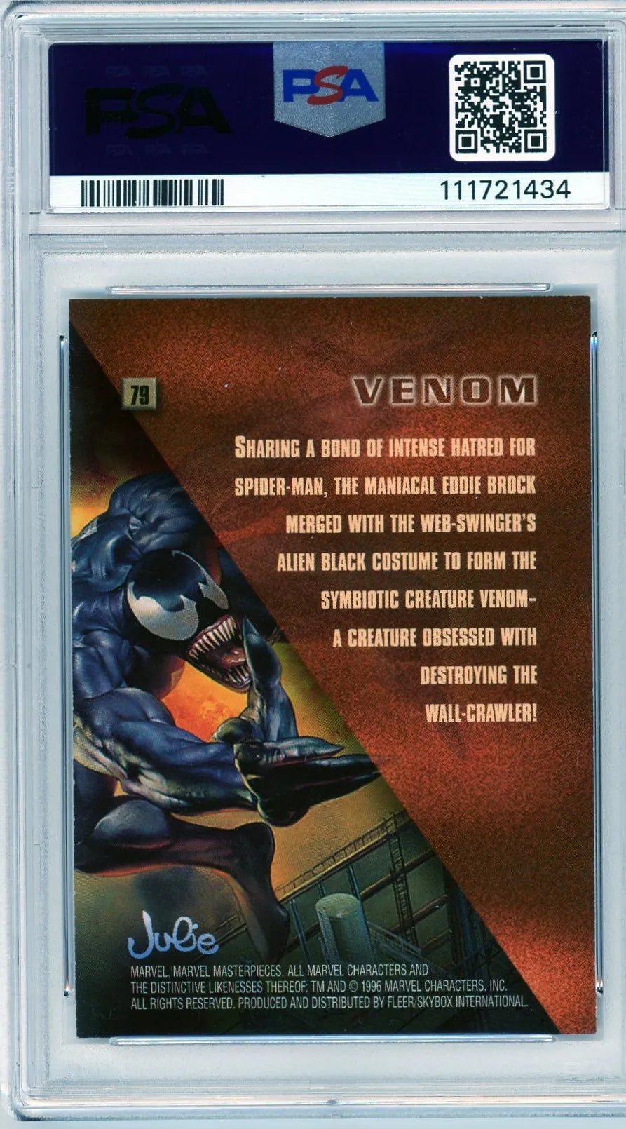 Back of the Venom #79 card with story text and PSA serial label, highlighting Venom's origin and rivalry with Spider-Man.