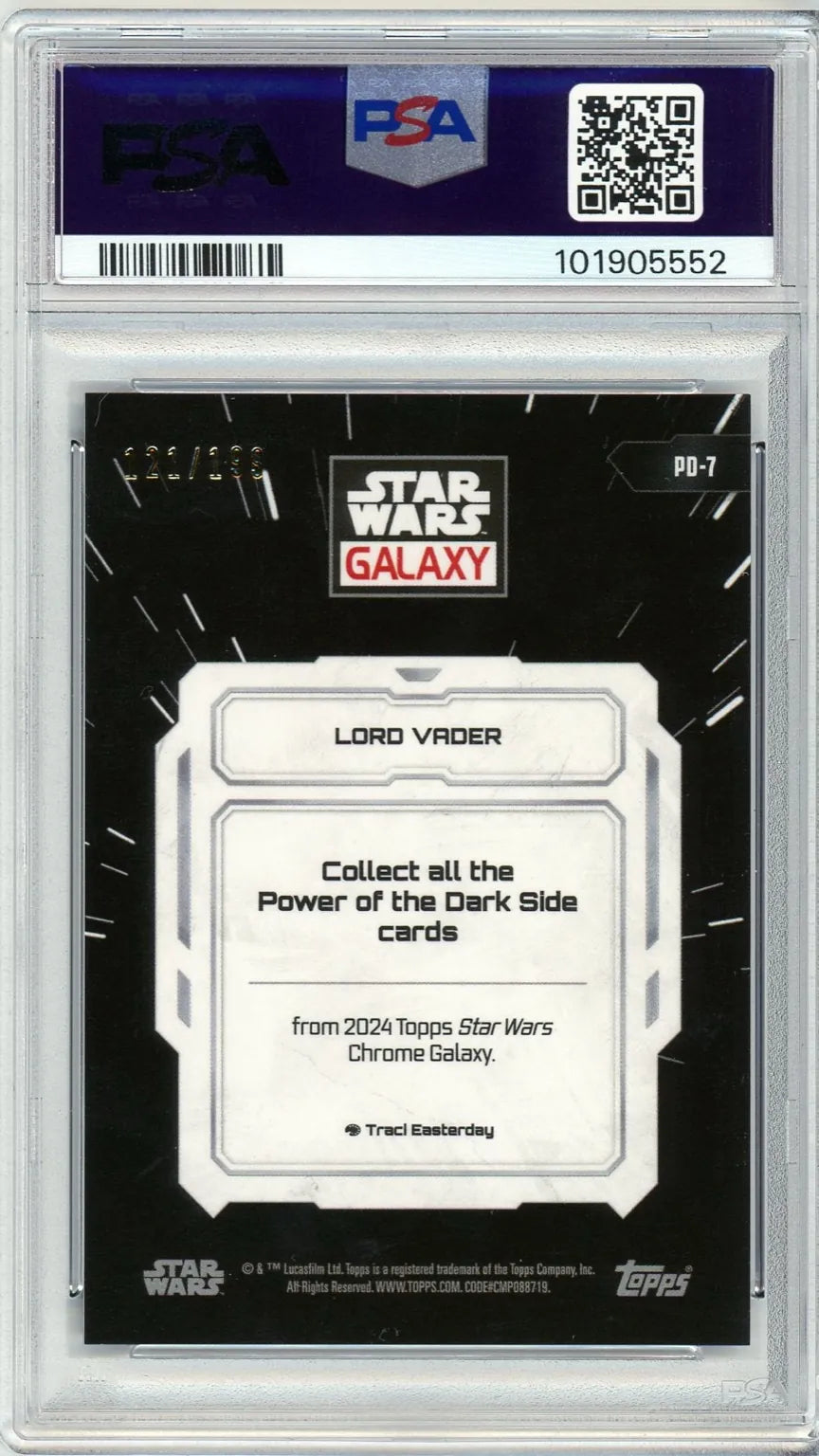 Back of the Star Wars Galaxy Aqua Refractor card #PD7 showing Lord Vader’s Power of the Dark Side insert text and serial number 121/199, Topps 2024.