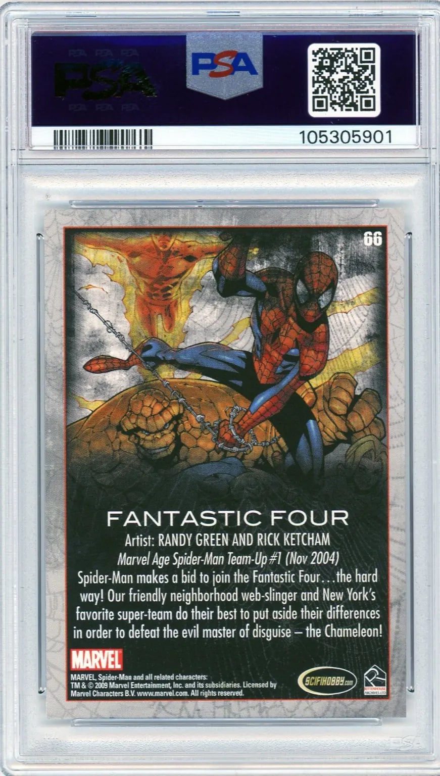 Back of Fantastic Four #66 card with character art and storyline from Marvel Age Spider-Man Team-Up #1 (2004).