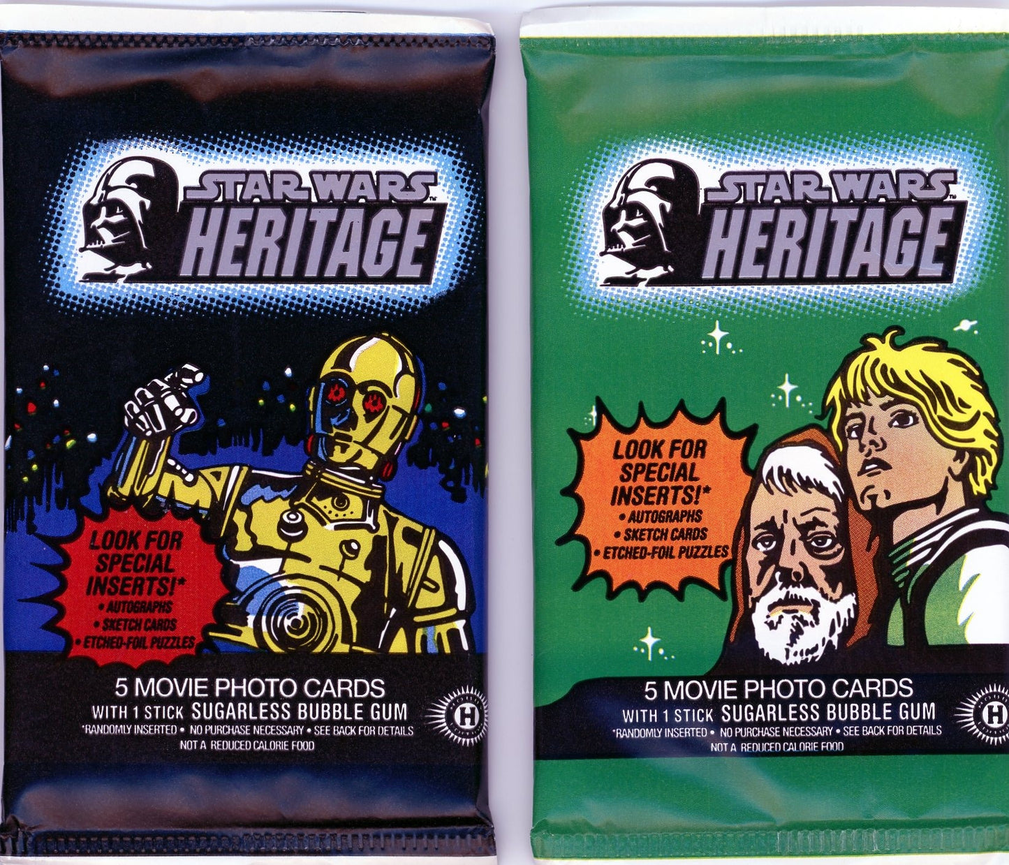 2004 Sealed Star Wars Heritage trading card packs featuring artwork of C-3PO and Luke Skywalker with Obi-Wan Kenobi, containing 5 movie photo cards and special inserts