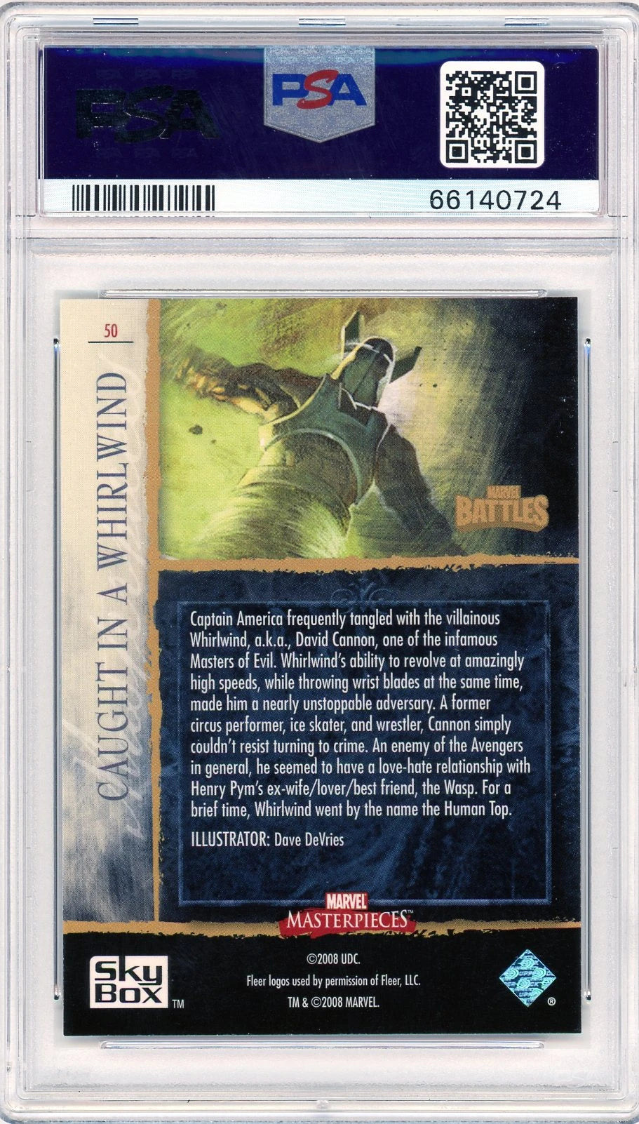 Back of card with Whirlwind’s bio and set info from 2008 Marvel Masterpieces.