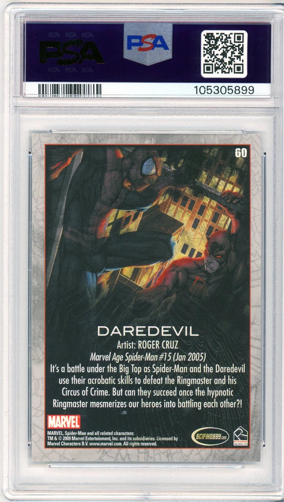 Rear view of the 2009 Spider-Man Archives Daredevil #60 card in PSA 10 GEM MINT condition. Shows card number, Rittenhouse branding, and summary text from the Marvel Archives subset.