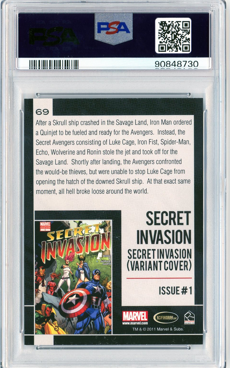 Back image of 2011 Marvel Universe Secret Invasion variant cover card #69, graded PSA 10 Gem Mint.