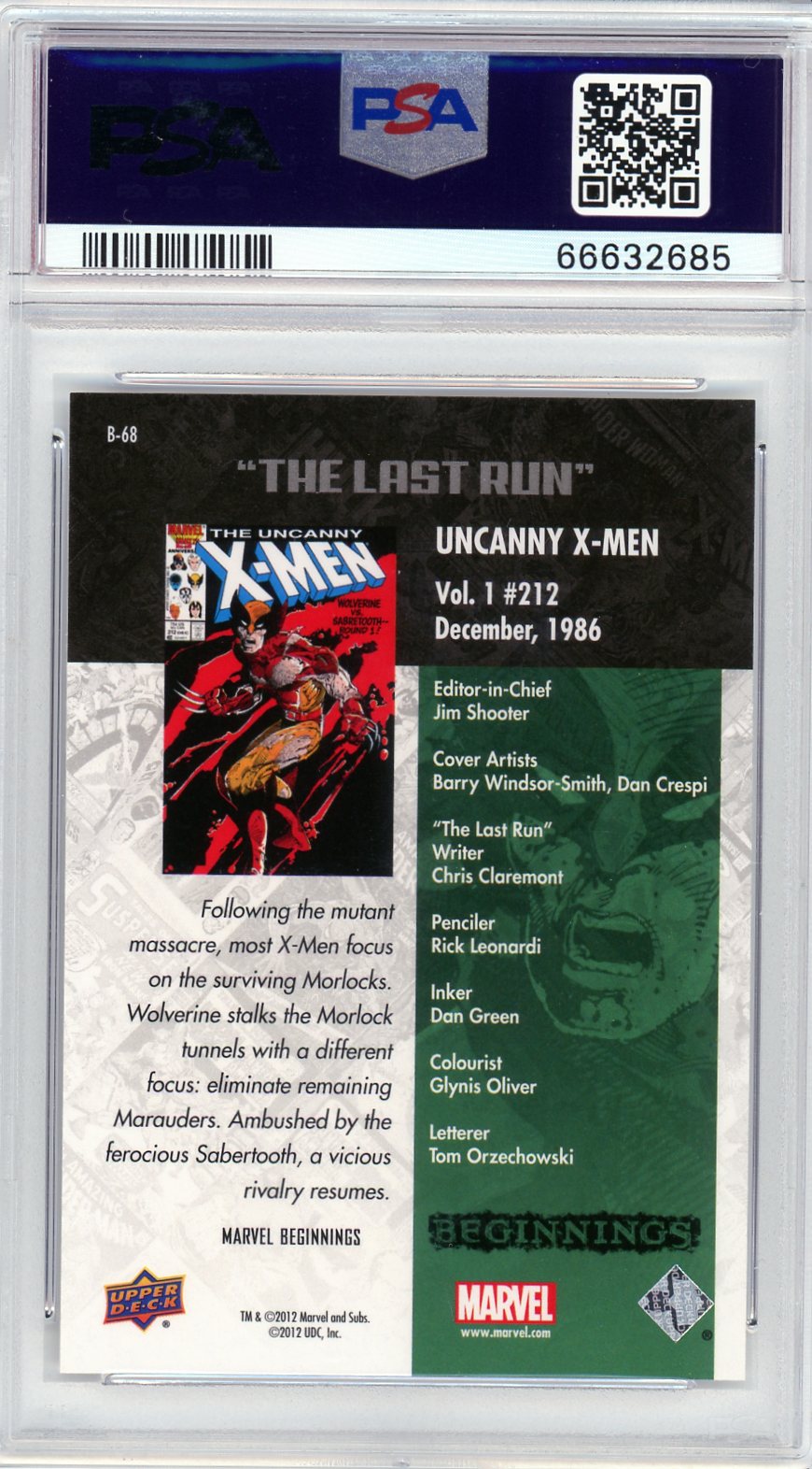 Back of 2012 Marvel Beginnings B-68 card with comic homage info and PSA slab