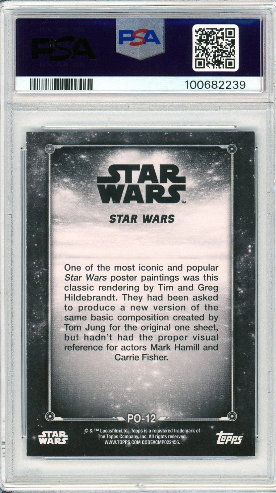 Rear view of 2018 Topps Star Wars Poster #PO12 PSA 10 card. Displays card number, Topps branding, and description of the Hildebrandt poster artwork used for A New Hope.