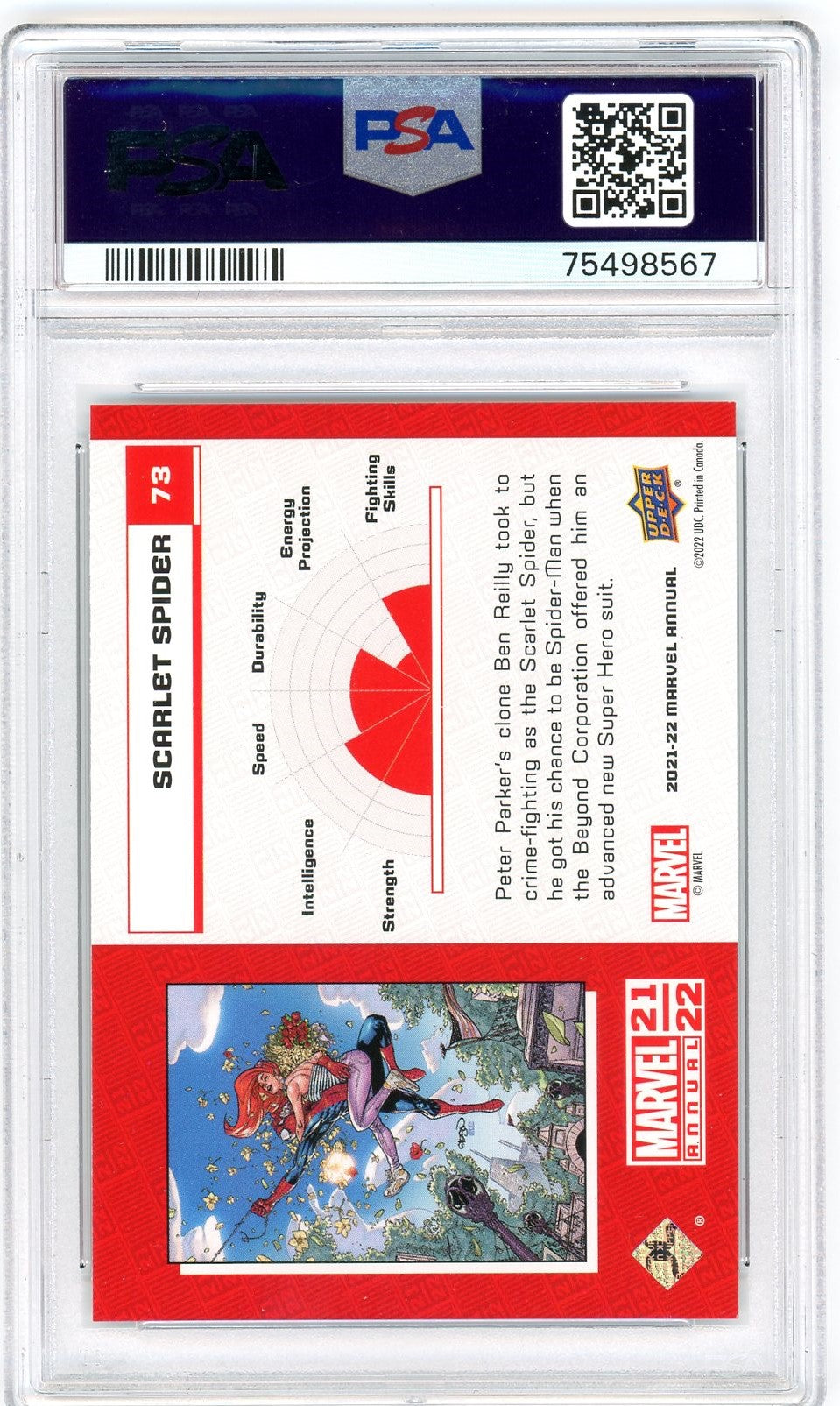 Back of 2021 Marvel Annual Scarlet Spider #73 card, graded PSA 10, featuring power stats chart and Ben Reilly origin story inside slab.
