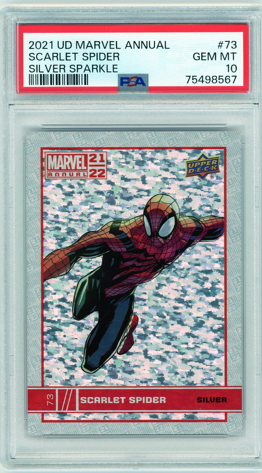 Front image of 2021 Marvel Annual Scarlet Spider Silver Sparkle Variant #73 card graded PSA 10 GEM MINT, featuring foil sparkle finish.
