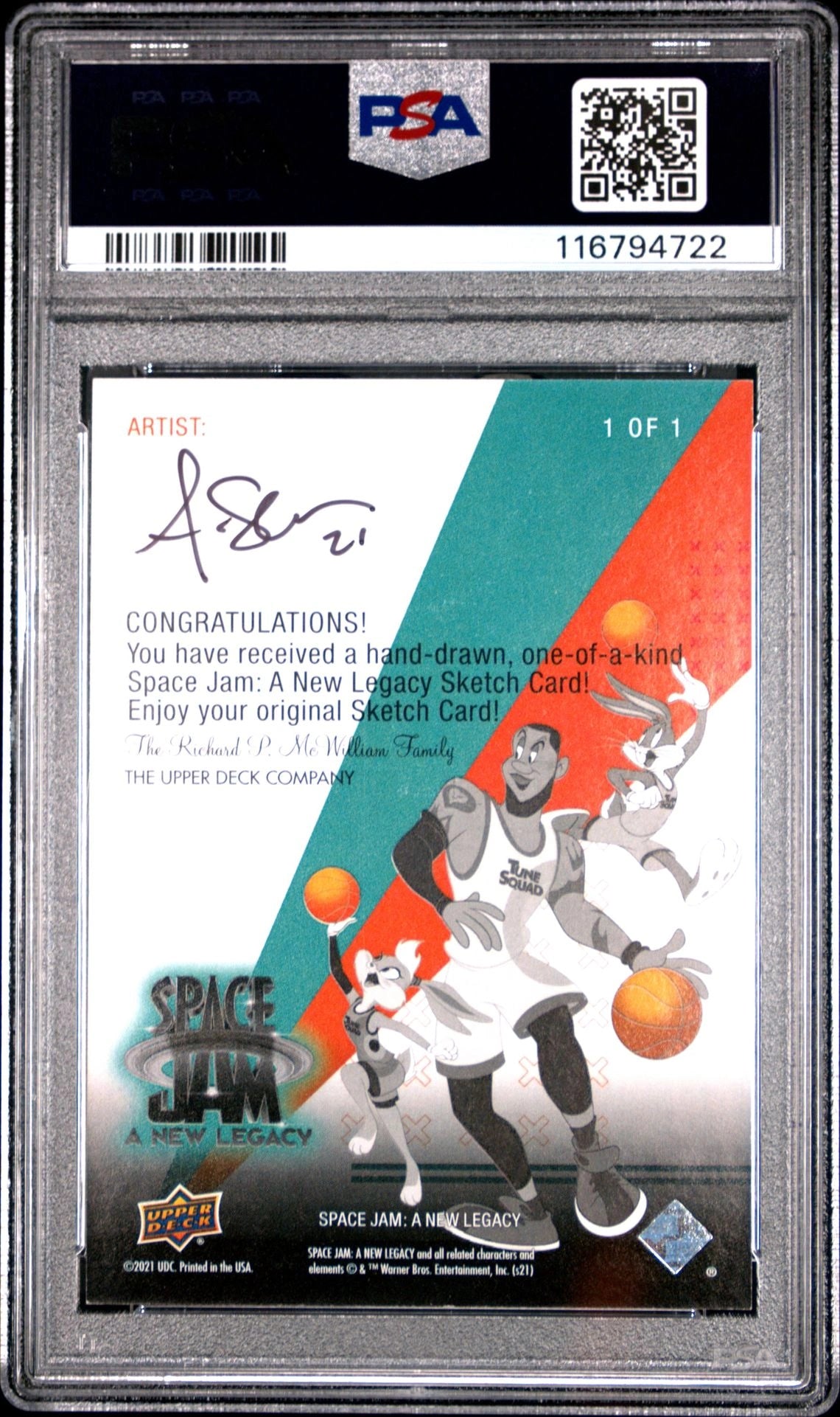 Back of the 2021 Space Jam A New Legacy Andrew Sale Marvin the Martian sketch card, PSA authenticated, showing Upper Deck and Space Jam branding along with artist signature.