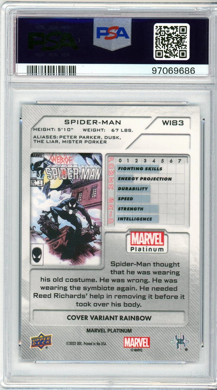 Back of PSA 10 graded Spider-Man Rainbow Variant card with character stats and Web of Spider-Man homage artwork.