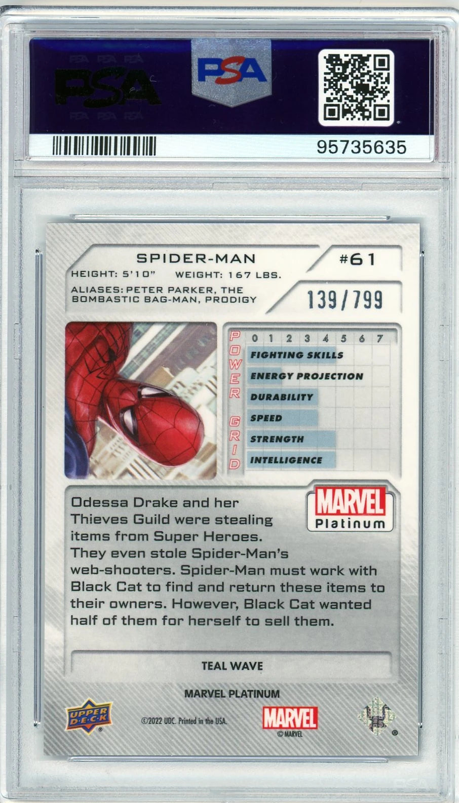 Back of Spider-Man card showing serial number 139/799, character stats, and plot text from Marvel Platinum.