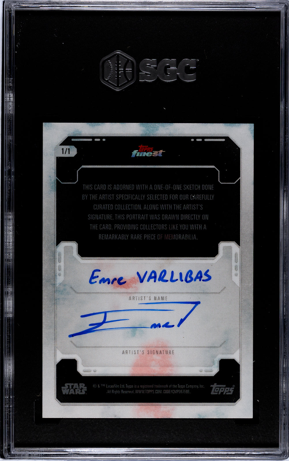 Back of 2023 Topps Finest Star Wars Ahsoka Tano artist sketch card by Emre Varlibas, 1/1 authenticated and encased by SGC