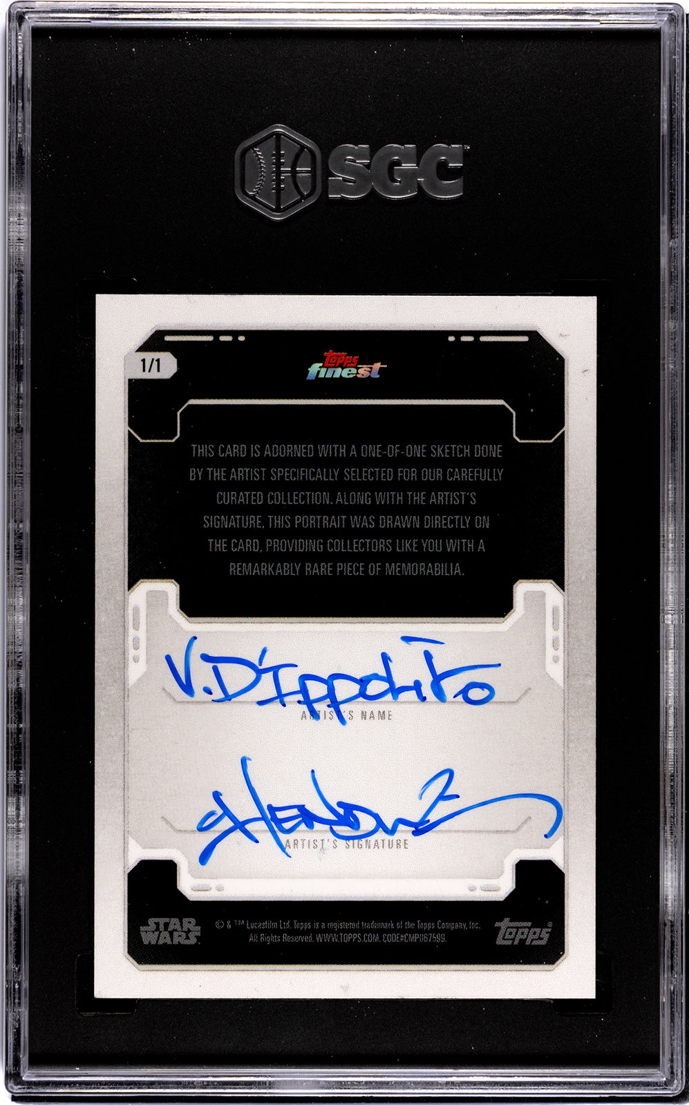 Back of the 2023 Topps Finest Star Wars Anakin Skywalker 1/1 sketch card, featuring artist V. D'Ippolito's signature and certification details, authenticated by SGC