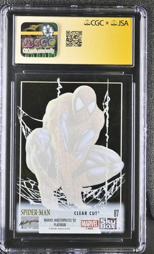 Back view of 2024 Marvel Masterpieces '92 Platinum Spider-Man Clear Cut #87 displayed in a CGC Signature Series holder showing card reverse and authentication details.