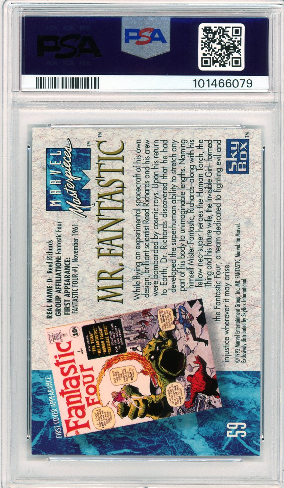 Back image of 1992 Marvel Masterpieces #59 Mr. Fantastic card, graded PSA 10 Gem Mint.