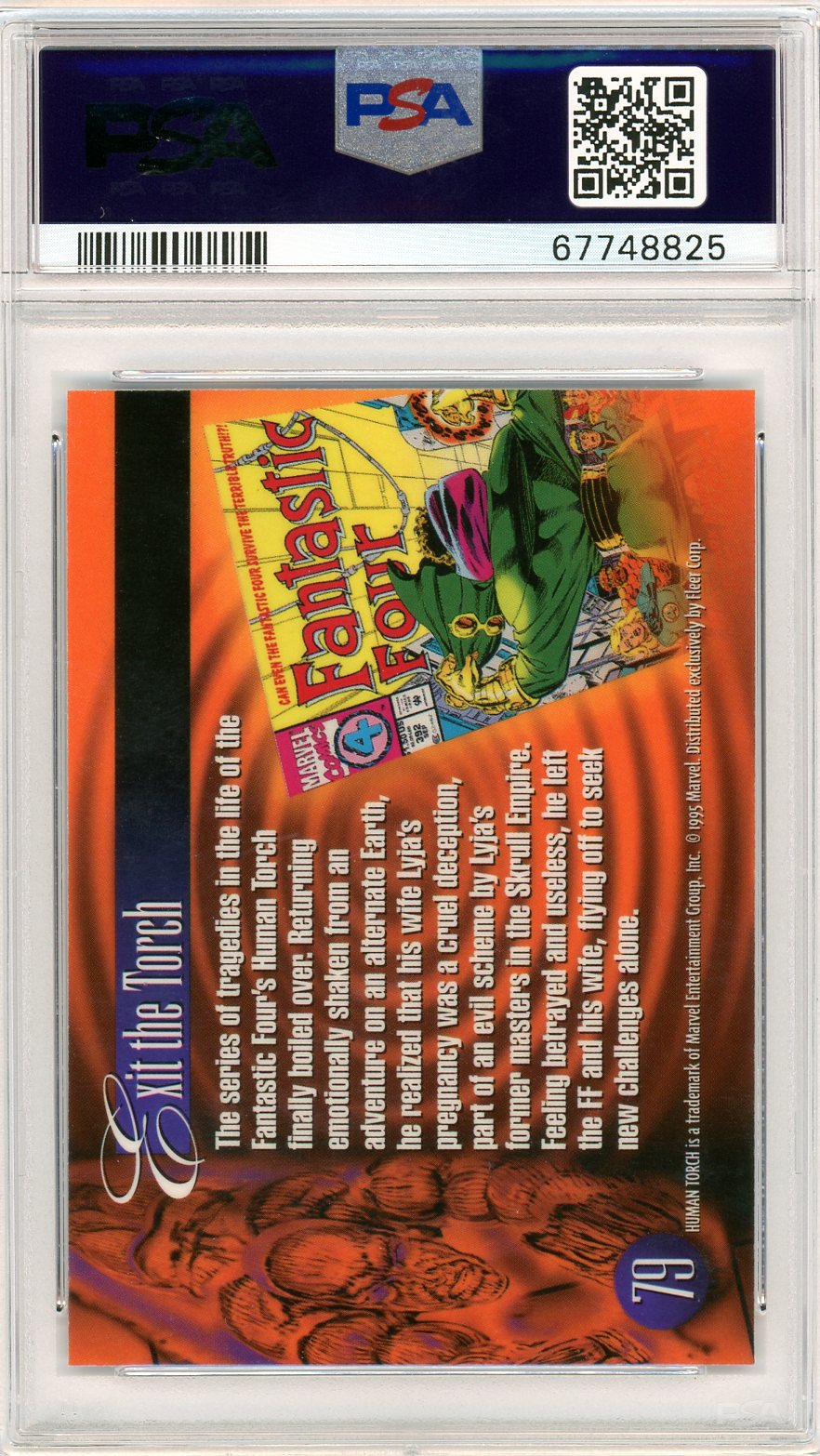 Reverse side of the 1995 Flair Marvel Annual Human Torch #79 card, graded PSA 10, featuring “Exit the Torch” storyline text and a retro Fantastic Four comic cover with Doctor Doom.