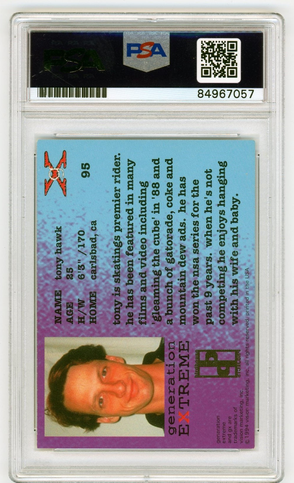 The back of the PSA/DNA-certified Tony Hawk trading card, displaying player details, a short biography highlighting his skateboarding career, and PSA’s authentication label with a QR code.