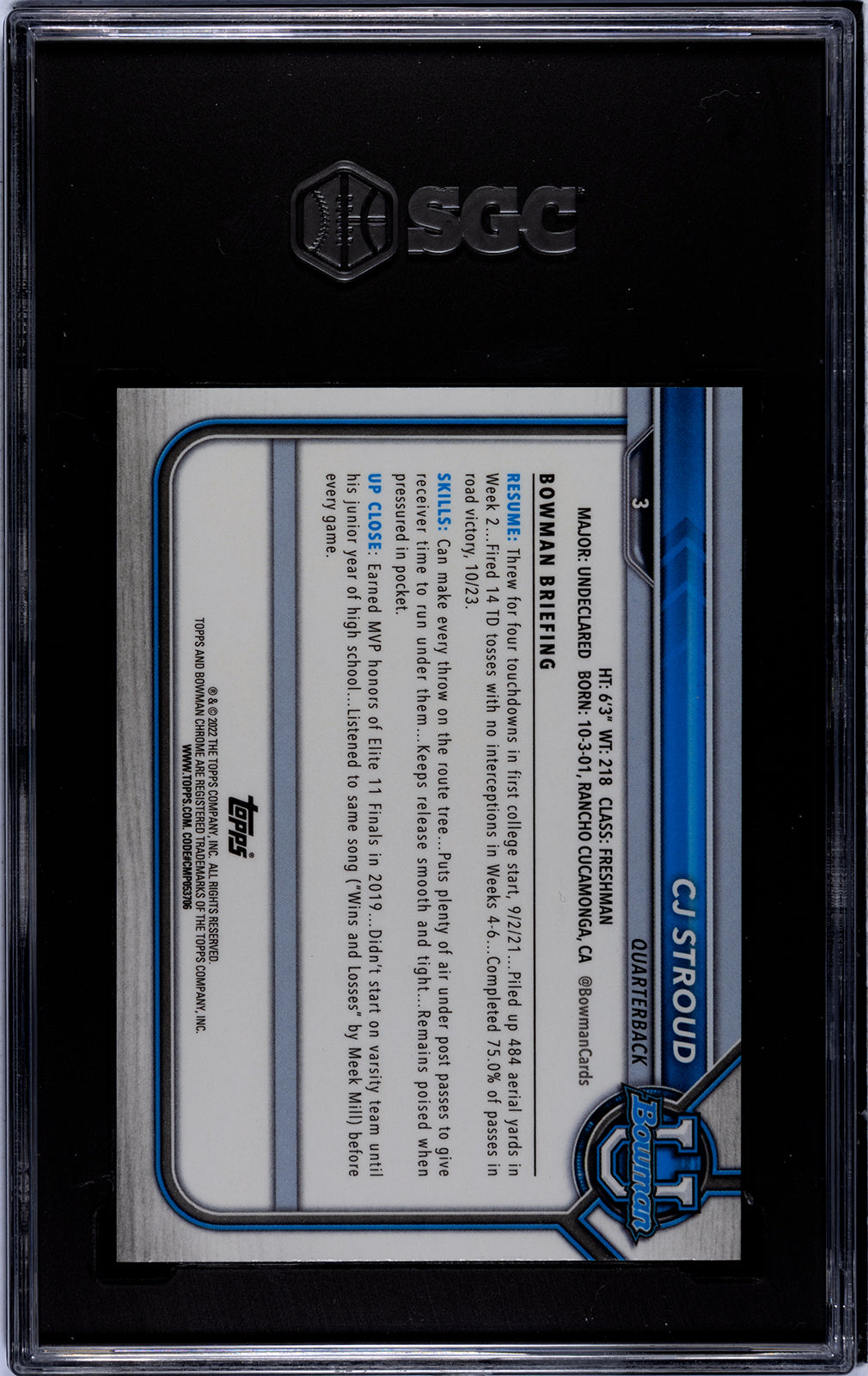 2021-22 Bowman University CJ Stroud Chrome Pink Refractor card graded SGC 9.5 Mint Back of Card
